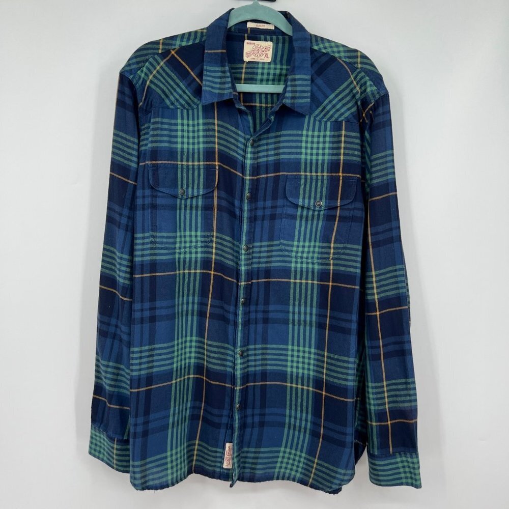 Lucky Brand Flannel Striped Multi Collar Slim Buttondown Casual Shirt Mens